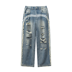 Arc Stripe Washed Ripped Jeans-INNBLAC Fashion Apparel