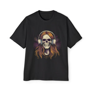 Long Hair Skull With Headphones Graphic Tee-INNBLAC Fashion Apparel