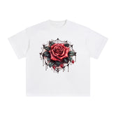 Gothic Spiderweb & Red Rose Graphic Tee-INNBLAC Fashion Apparel