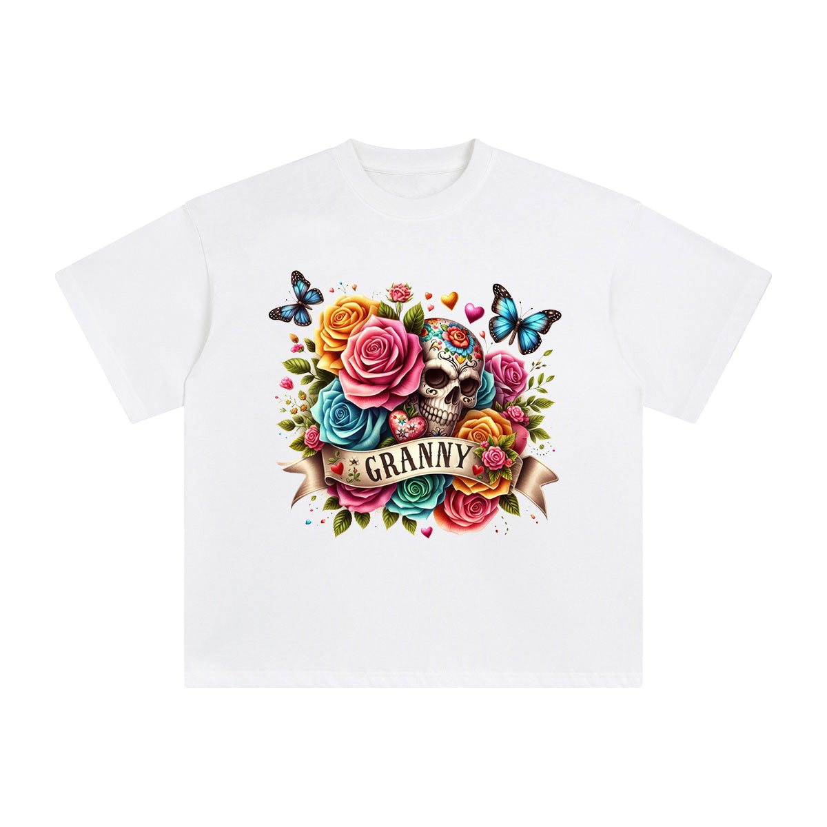 Granny Blossom & Skull Graphic Tee-INNBLAC Fashion Apparel