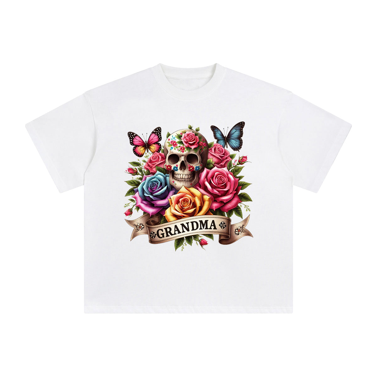 Grandma Blossom & Skull Graphic Tee-INNBLAC Fashion Apparel