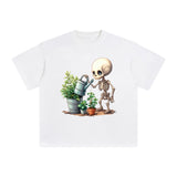 Cute skeleton Watering Flowers Graphic Tee-INNBLAC Fashion Apparel