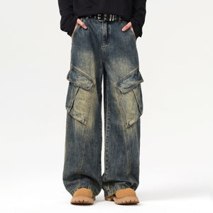 Front Seam Washed Denim Cargo Pants-INNBLAC Fashion Apparel