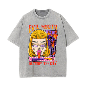 Evil Mouth Stone Wash Graphic Tee-INNBLAC Fashion Apparel