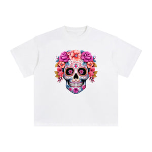 Pink Sugar Skull Flower Graphic Tee-INNBLAC Fashion Apparel