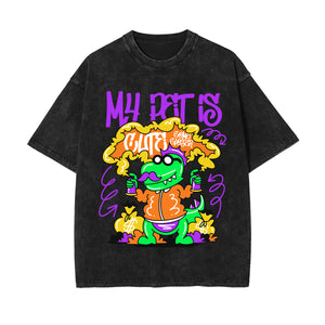 My Pet Dinosaur Graffiti Cartoon Washed Tee-INNBLAC Fashion Apparel