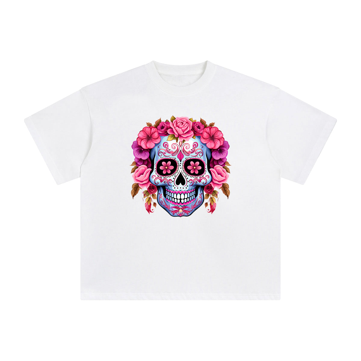 Pink Sugar Skull Flower Graphic Tee-INNBLAC Fashion Apparel