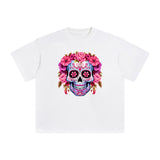 Pink Sugar Skull Flower Graphic Tee-INNBLAC Fashion Apparel