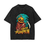 Monster Pumpkin Graphic Washed Tee-INNBLAC Fashion Apparel