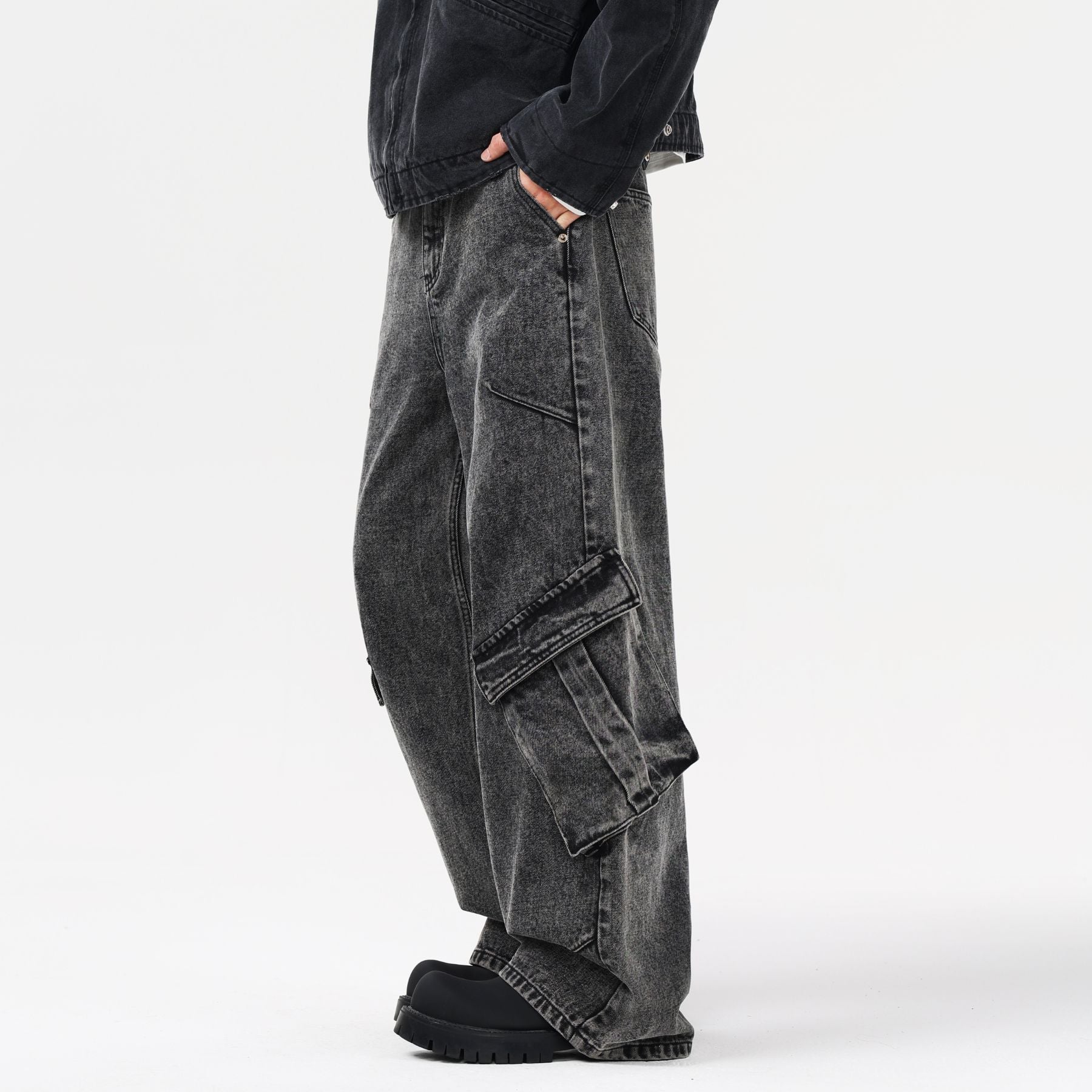 Gray Denim Wrinkles Cargo Pants-INNBLAC Fashion Apparel