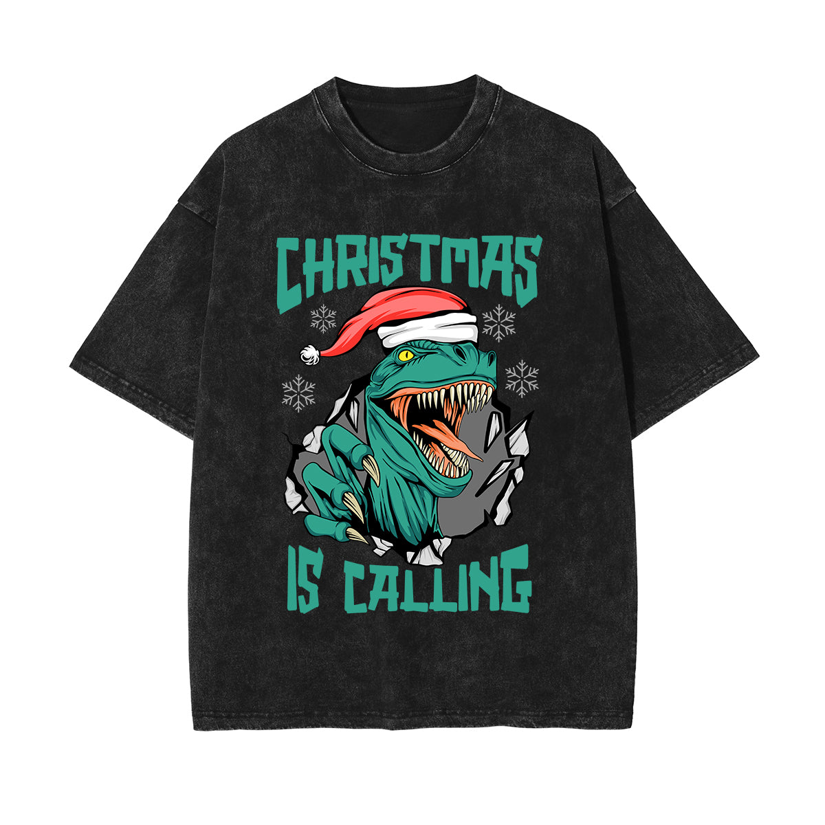 Christmas Dinosaur Stone Wash Graphic Tee-INNBLAC Fashion Apparel