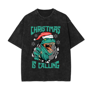 Christmas Dinosaur Stone Wash Graphic Tee-INNBLAC Fashion Apparel