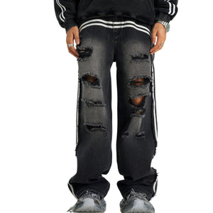 Arc Stripe Washed Ripped Jeans-INNBLAC Fashion Apparel