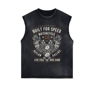 Motorcycle Retro Graphic Sleeveless Faded Tee-INNBLAC Fashion Apparel