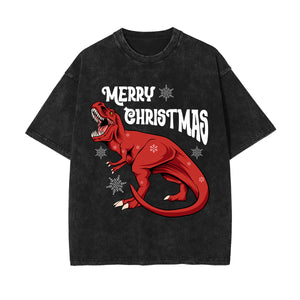 Christmas Dinosaur Stone Wash Graphic Tee-INNBLAC Fashion Apparel