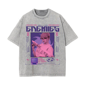 Enemies Y2k Streetwear Graphic Washed Tee-INNBLAC Fashion Apparel