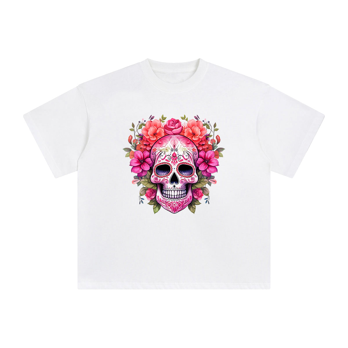 Pink Sugar Skull Flower Graphic Tee-INNBLAC Fashion Apparel