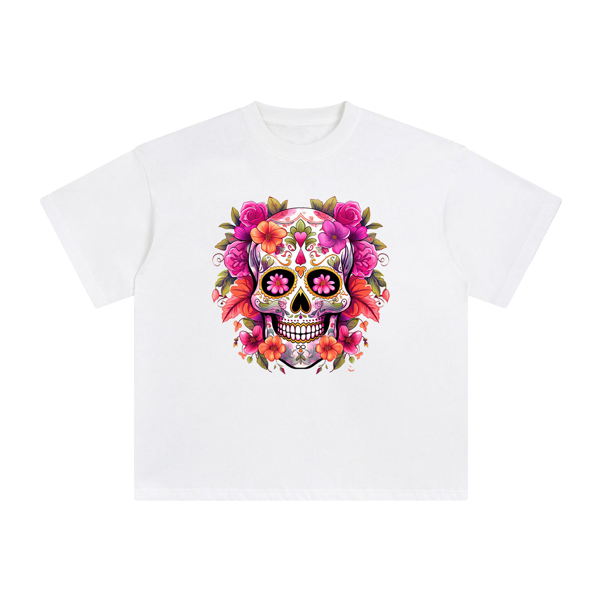 Pink Sugar Skull Flower Graphic Tee-INNBLAC Fashion Apparel