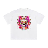 Pink Sugar Skull Flower Graphic Tee-INNBLAC Fashion Apparel