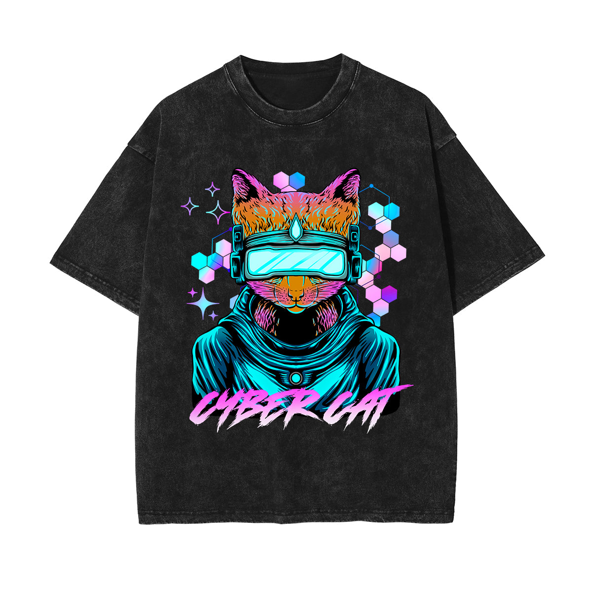 Cyber Cat Graphic Washed Tee-INNBLAC Fashion Apparel