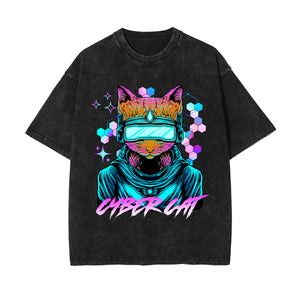 Cyber Cat Graphic Washed Tee-INNBLAC Fashion Apparel