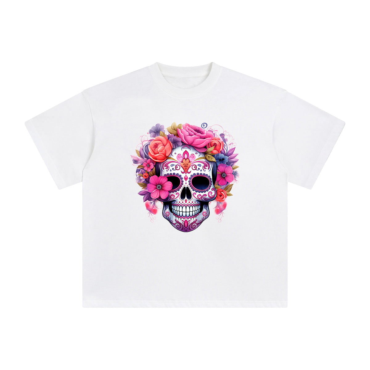 Pink Sugar Skull Flower Graphic Tee-INNBLAC Fashion Apparel