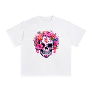 Pink Sugar Skull Flower Graphic Tee-INNBLAC Fashion Apparel