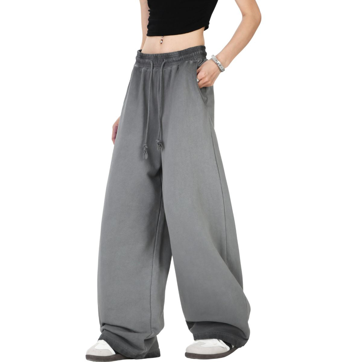 Drawstring Wide Leg Faded Trousers-INNBLAC Fashion Apparel