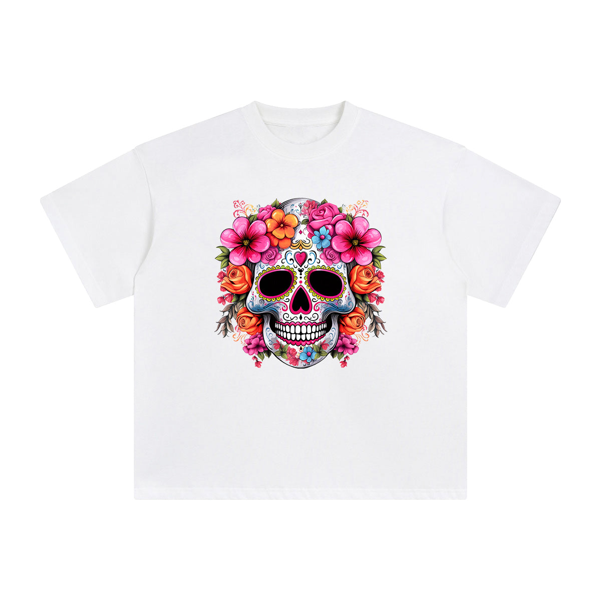 Pink Sugar Skull Flower Graphic Tee-INNBLAC Fashion Apparel