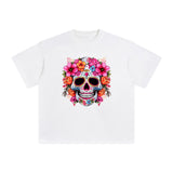 Pink Sugar Skull Flower Graphic Tee-INNBLAC Fashion Apparel