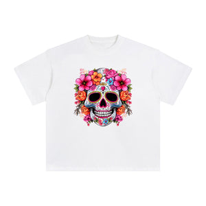 Pink Sugar Skull Flower Graphic Tee-INNBLAC Fashion Apparel