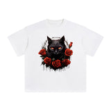 Black Cat & Rose Graphic Tee-INNBLAC Fashion Apparel