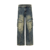 Front Seam Washed Denim Cargo Pants-INNBLAC Fashion Apparel