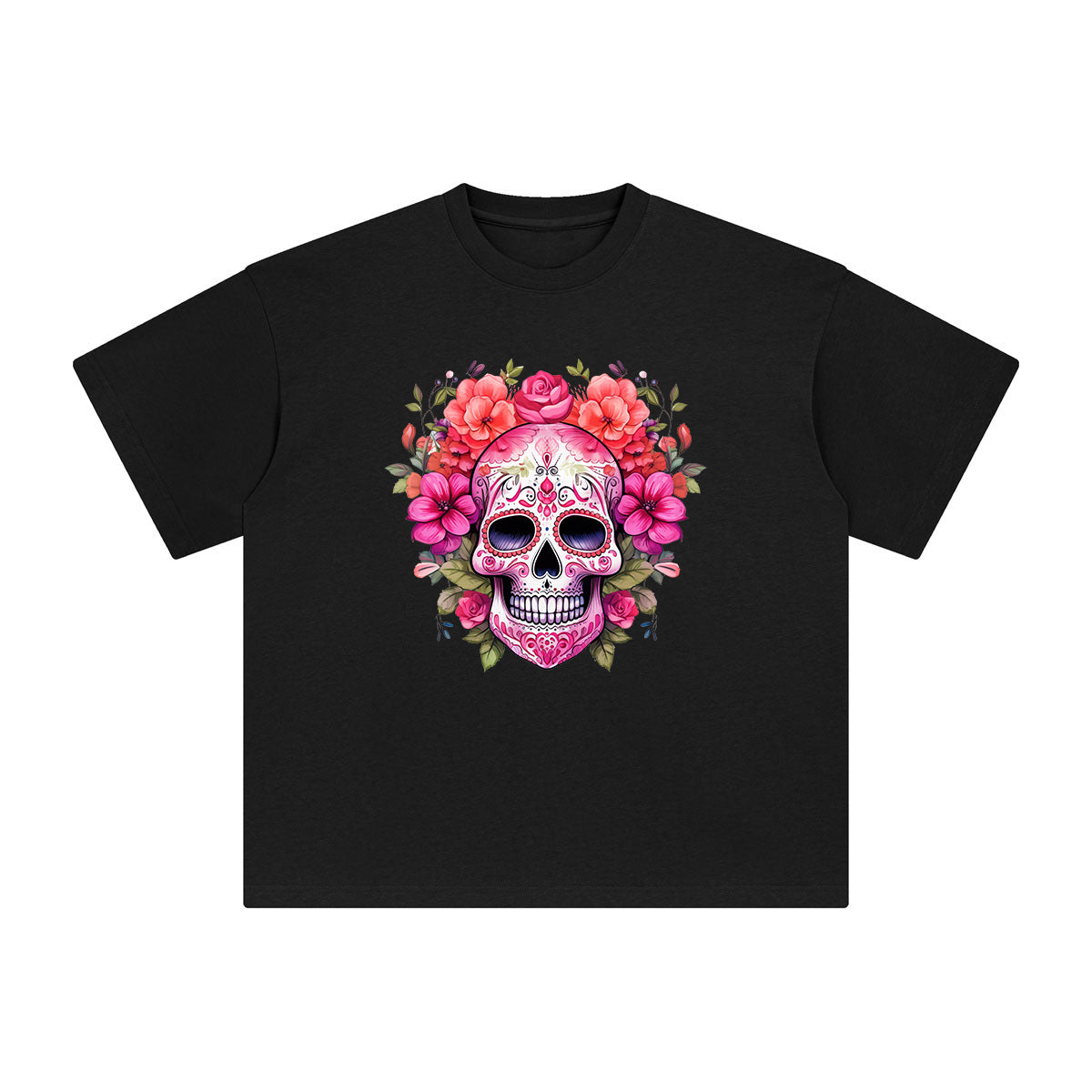 Pink Sugar Skull Flower Graphic Tee-INNBLAC Fashion Apparel