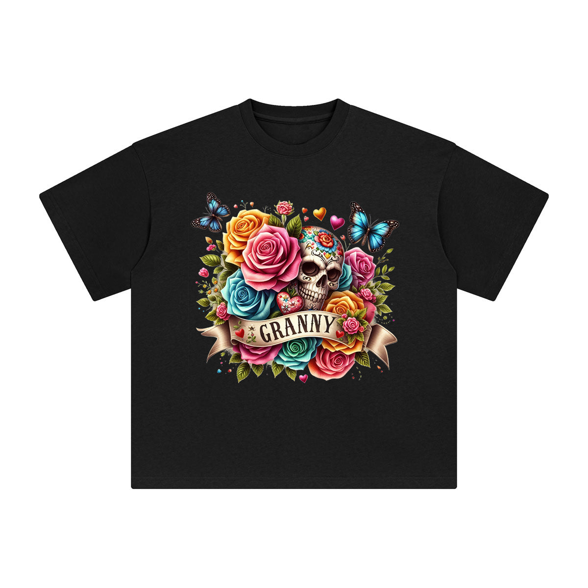 Granny Blossom & Skull Graphic Tee-INNBLAC Fashion Apparel