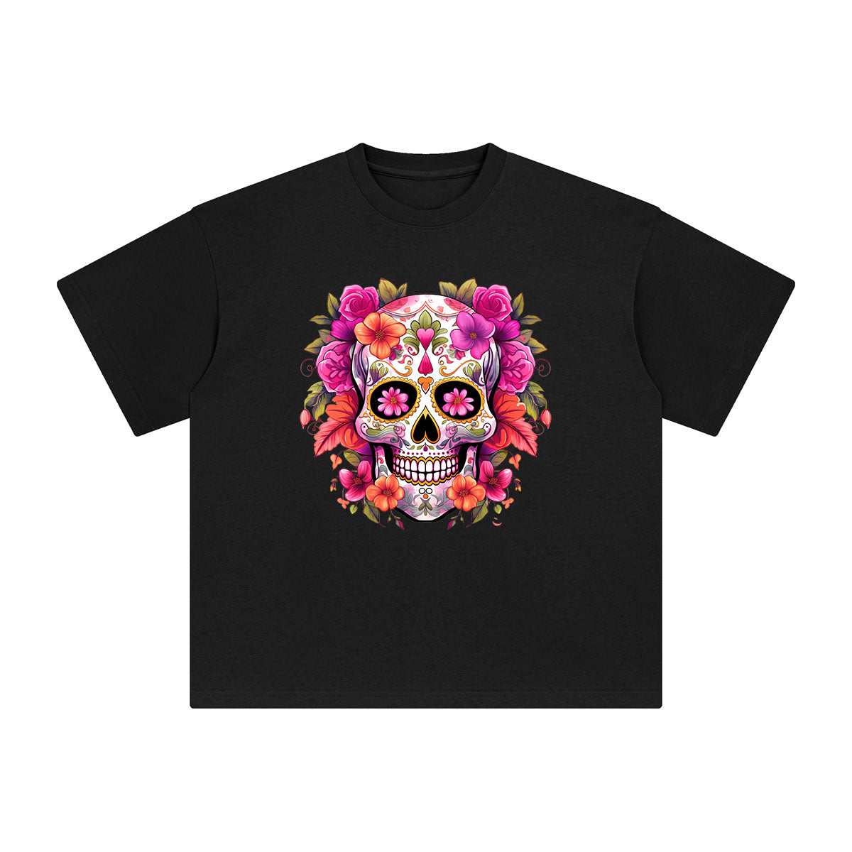 Pink Sugar Skull Flower Graphic Tee-INNBLAC Fashion Apparel