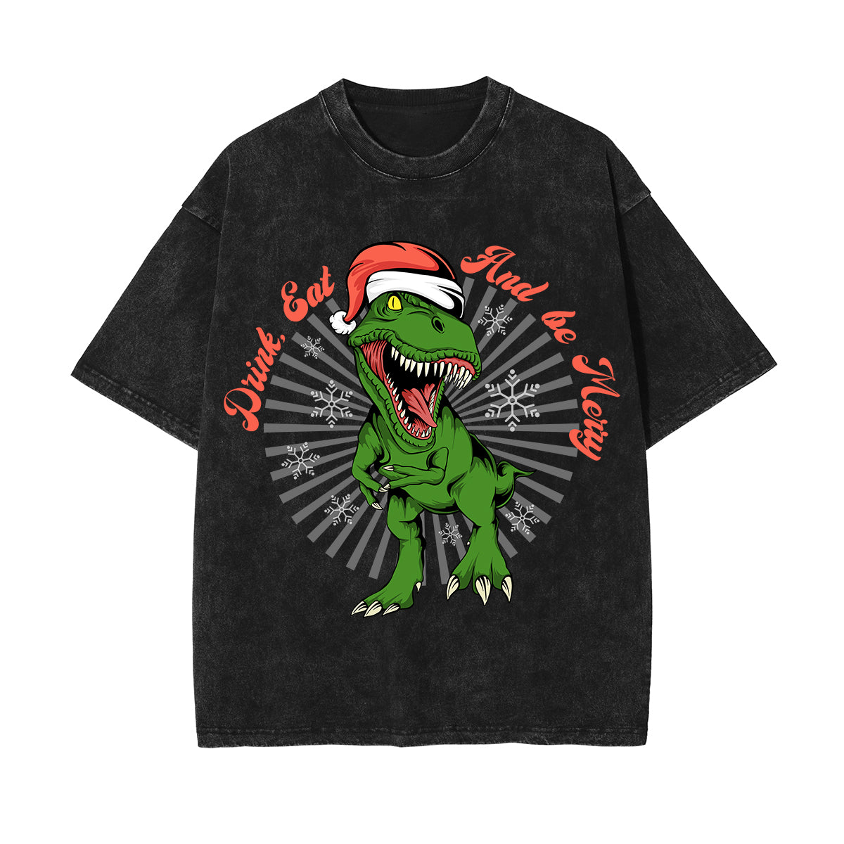 Christmas Dinosaur Stone Wash Graphic Tee-INNBLAC Fashion Apparel