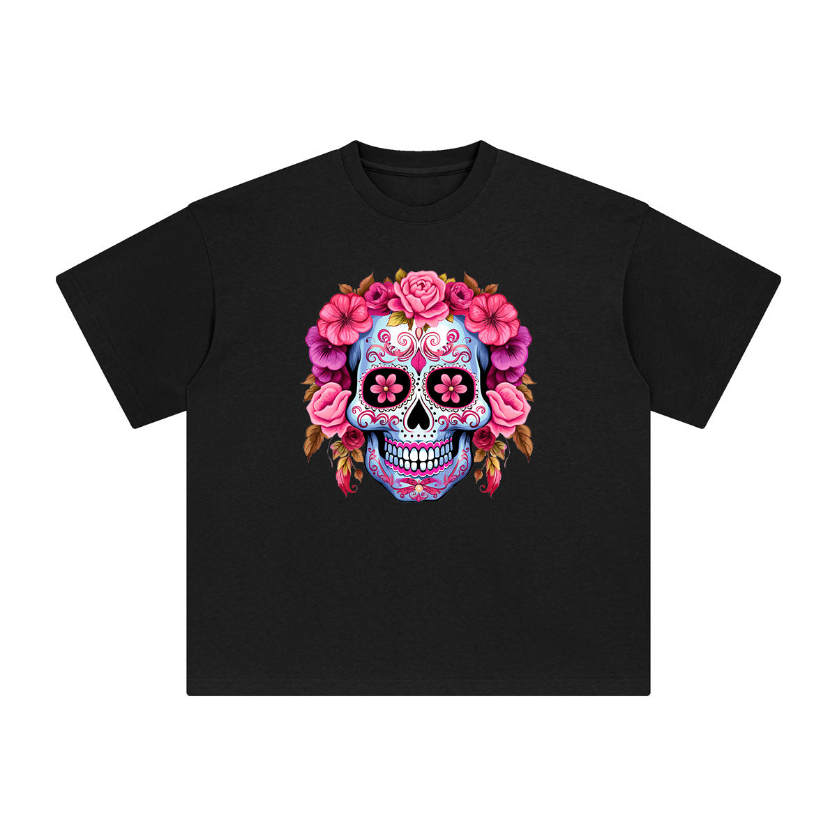 Pink Sugar Skull Flower Graphic Tee-INNBLAC Fashion Apparel