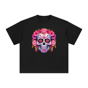 Pink Sugar Skull Flower Graphic Tee-INNBLAC Fashion Apparel