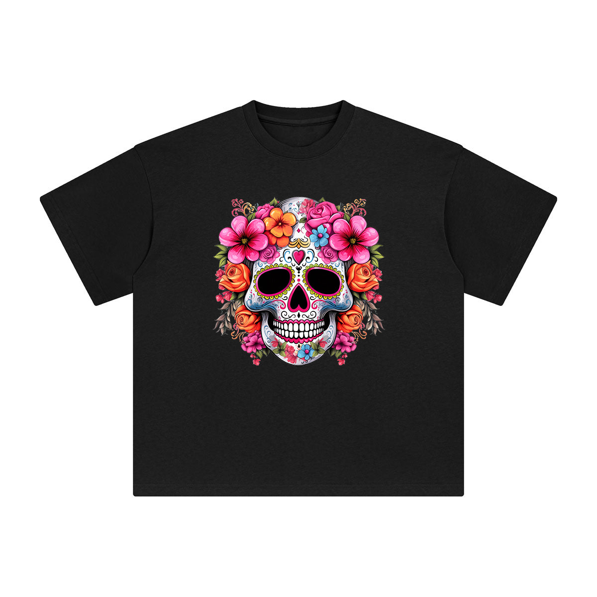 Pink Sugar Skull Flower Graphic Tee-INNBLAC Fashion Apparel