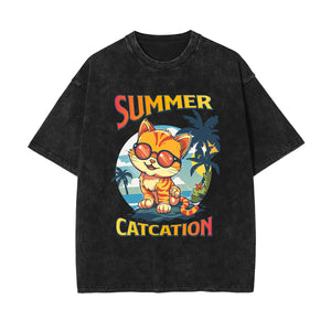 Cute Cat Stone Wash Graphic Tee-INNBLAC Fashion Apparel