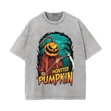 Monster Pumpkin Graphic Washed Tee-INNBLAC Fashion Apparel