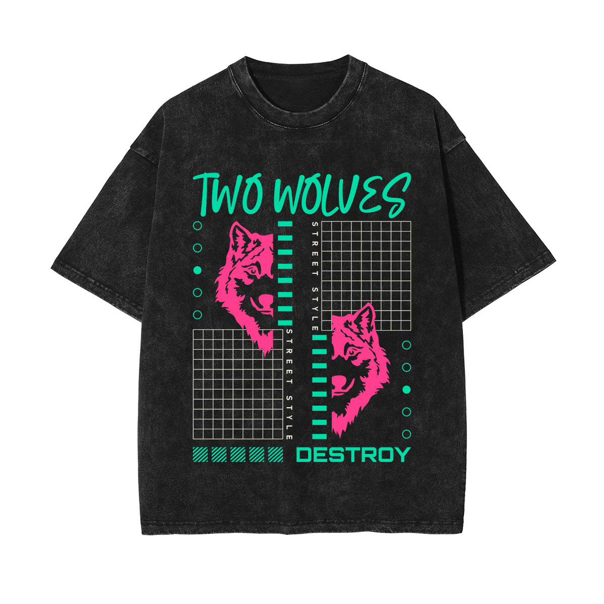 Two Wolves Graphic Stone Wash Tee-INNBLAC Fashion Apparel