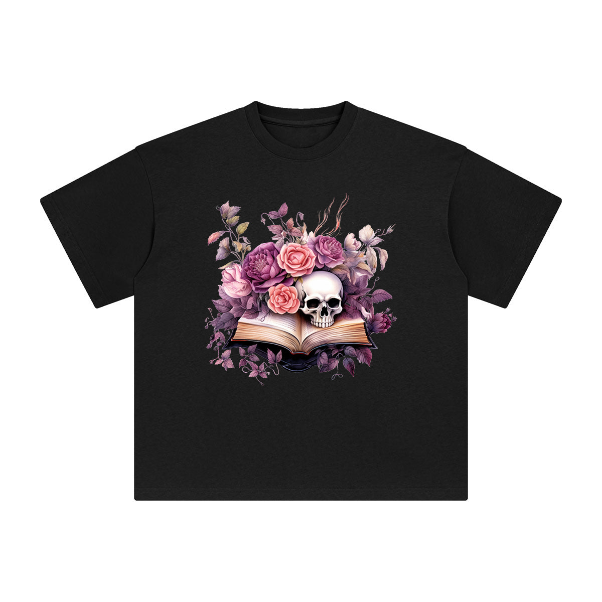 Book Skull Flower Graphic Tee-INNBLAC Fashion Apparel