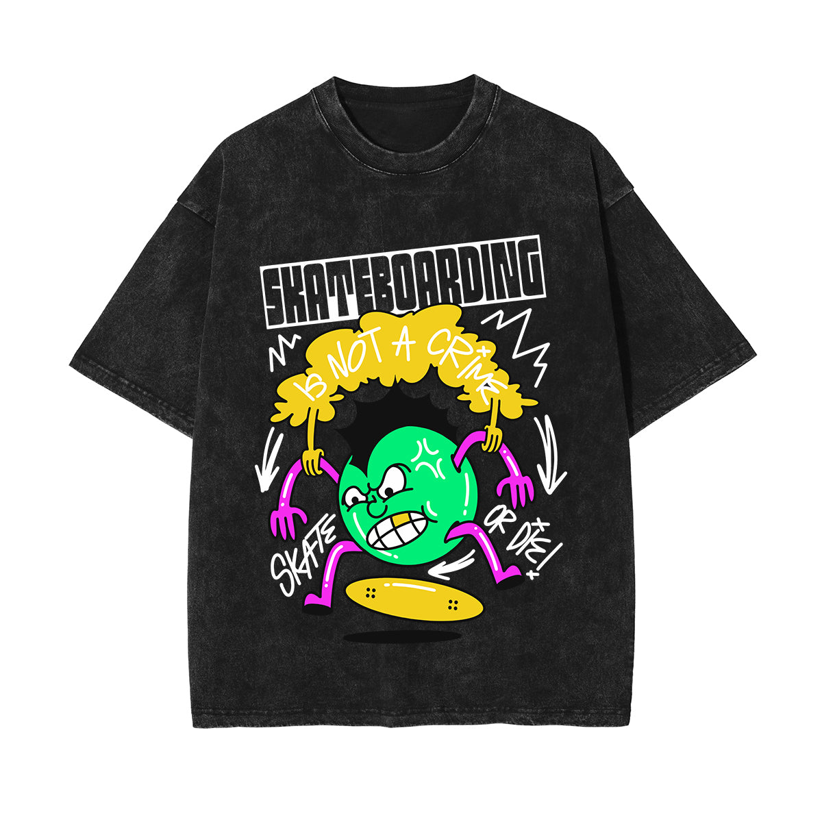 Skateboarding Graffiti Cartoon Washed Tee-INNBLAC Fashion Apparel