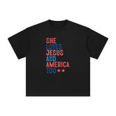 She Loves Jesus & America Too Graphic Tee-INNBLAC Fashion Apparel