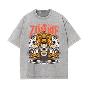 Pumpkin Zombie Graphic Washed Tee-INNBLAC Fashion Apparel