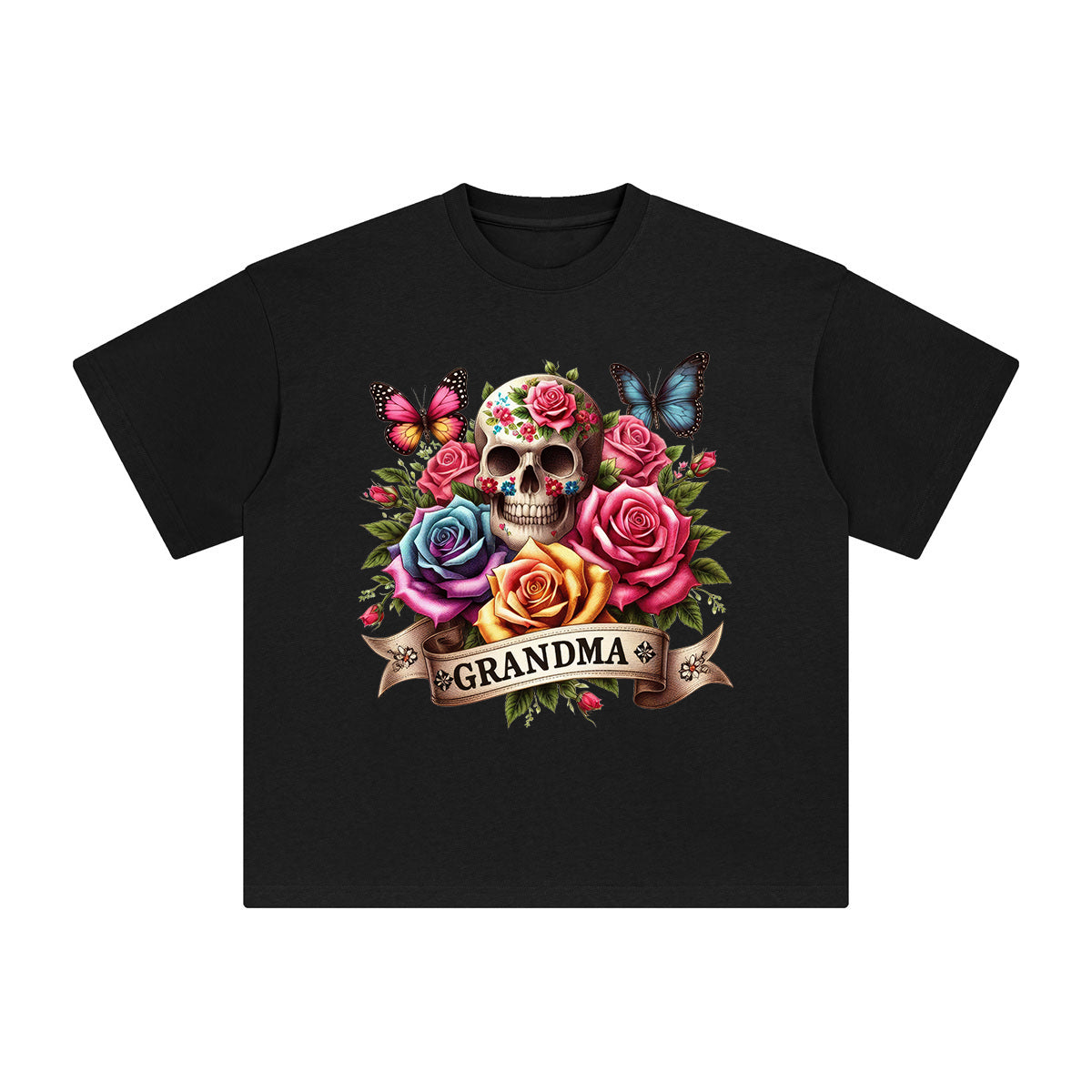 Grandma Blossom & Skull Graphic Tee-INNBLAC Fashion Apparel