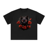 Black Cat & Rose Graphic Tee-INNBLAC Fashion Apparel