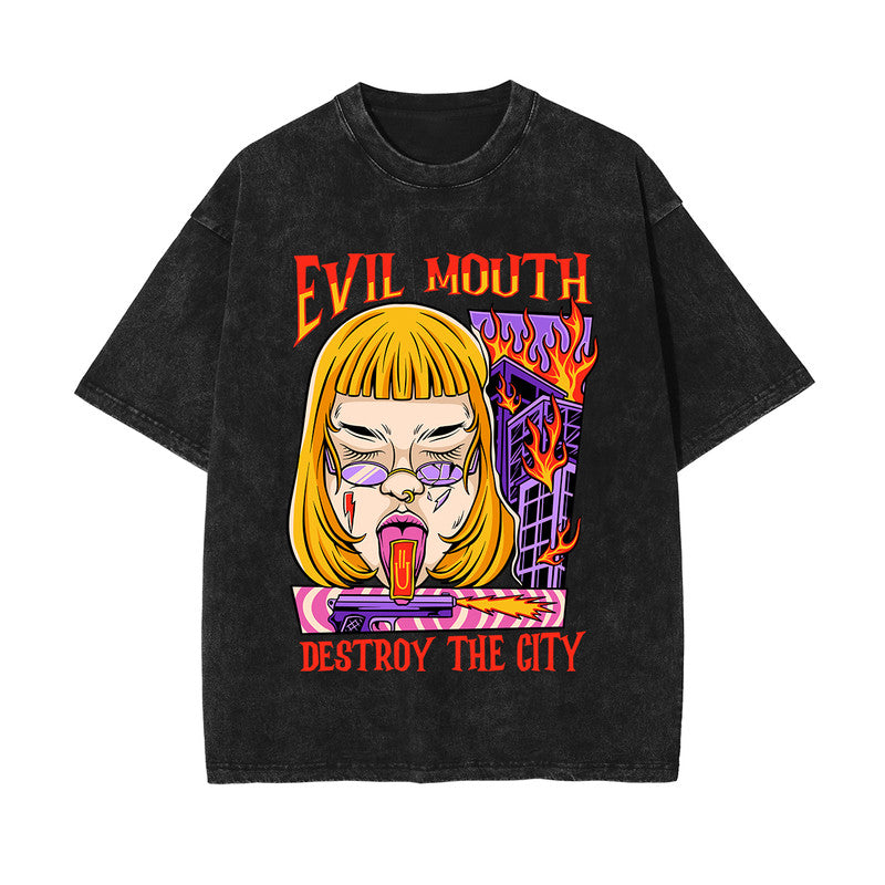 Evil Mouth Stone Wash Graphic Tee-INNBLAC Fashion Apparel